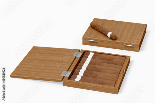 Cigar case 3d rendering. Luxury cigarettes box on a white isolated background. 3D illustration, 3D rendering.