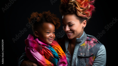 Happy Mother Carrying Smiling Afro Son