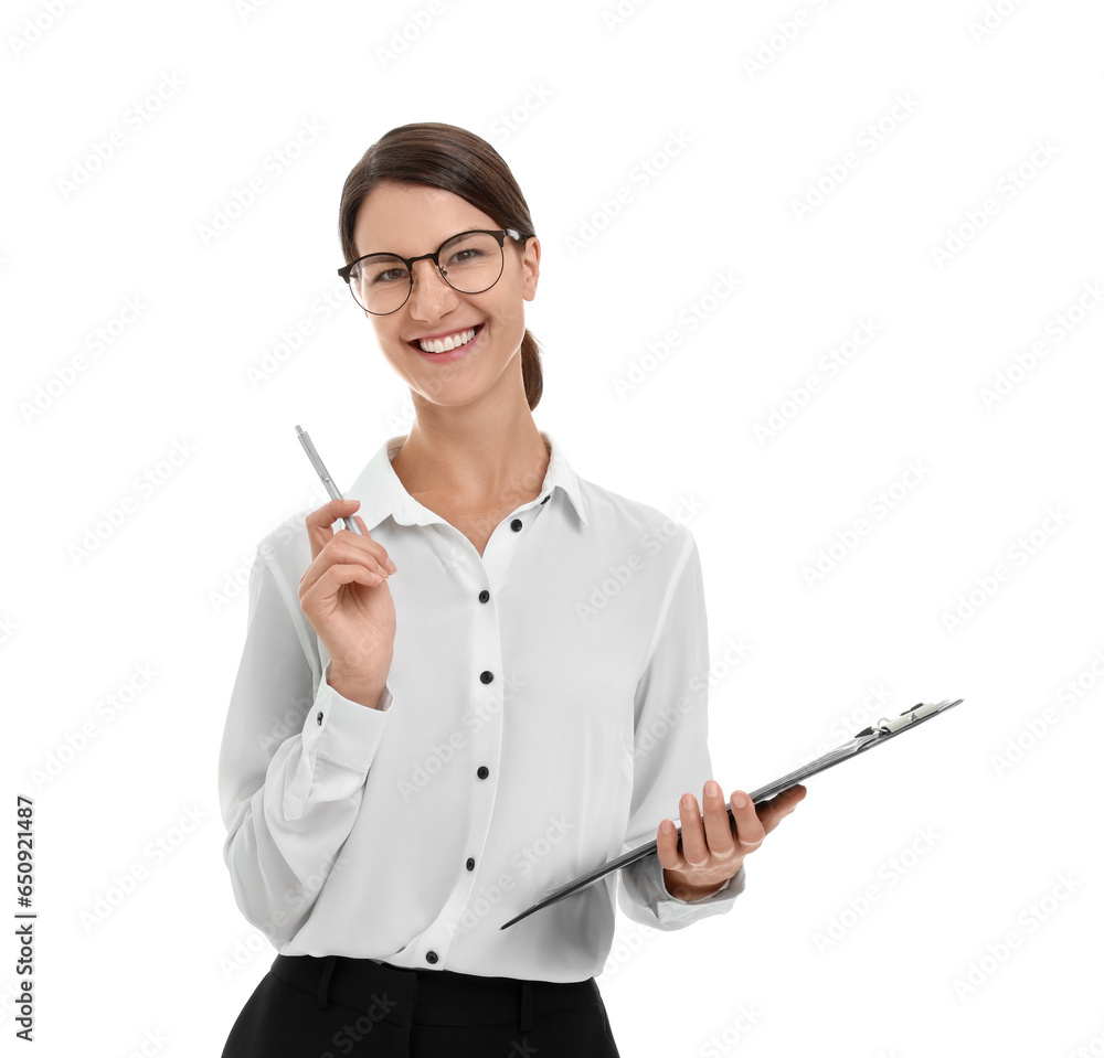 Happy secretary with clipboard and pen isolated on white Happy secretary with clipboard and pen isolated on white
