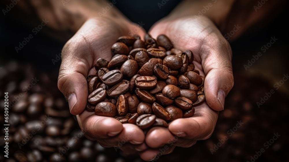 a human person hands holding coffee beans. top down perspective from up above. farmer working at coffee plantation. coffee import and export. wallpaper background 16:9. Generative AI - obrazy, fototapety, plakaty 