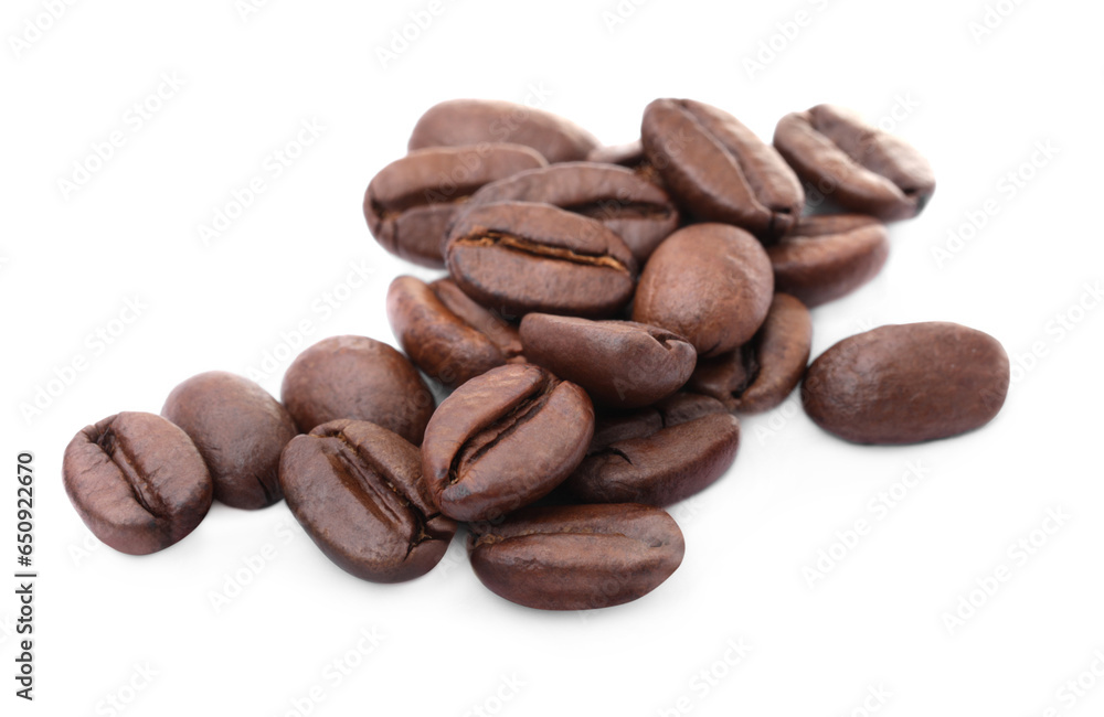 Many aromatic roasted coffee beans isolated on white Many aromatic roasted coffee beans isolated on white