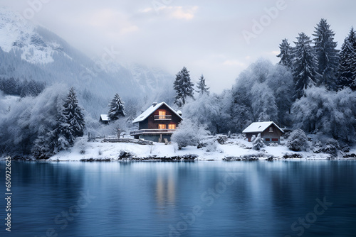 house in the mountains in the snow