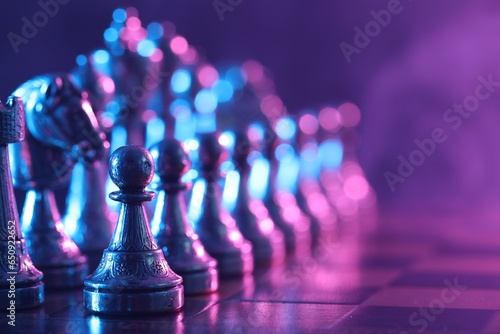 Chess pieces on checkerboard in color light, selective focus. Space for text