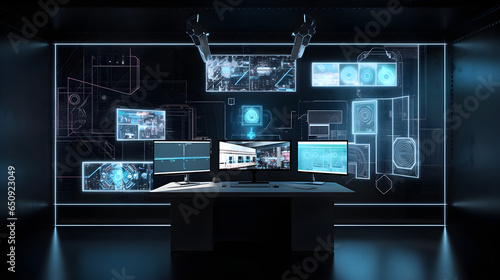 Futuristic technology displayed on a computer screen, in a clean and futuristic workspace, illuminated by soft and cool LED lighting.