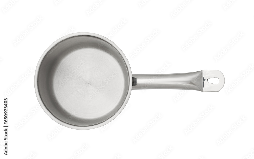 One steel saucepan isolated on white, top view One steel saucepan isolated on white, top view