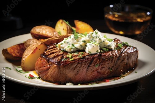 Beef steak served on a plate with a roasted potato