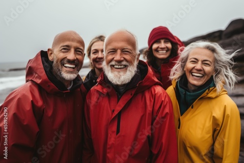 Diverse group of senior friends on a beach during winter and rain smiling