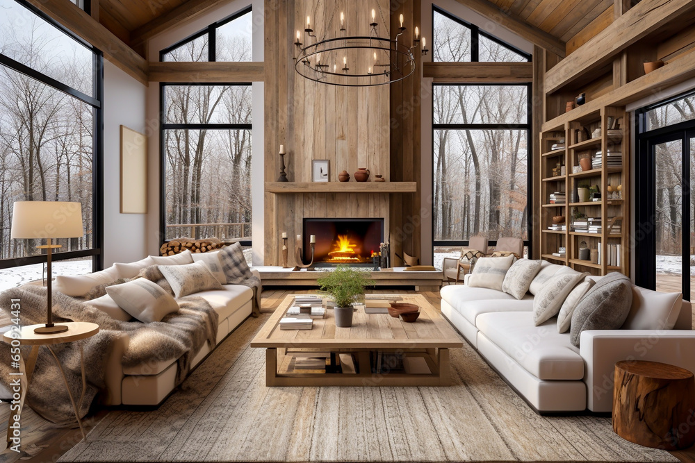 Living room interior coffee table between two large sofas wood frame