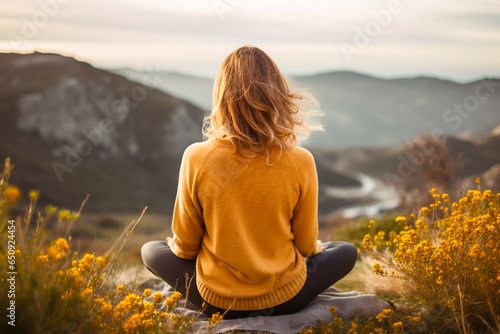 Young woman sitting on a hill looking to the valley below mindfulness concept mind and body becoming one with the help of yoga in a good place wellbeing