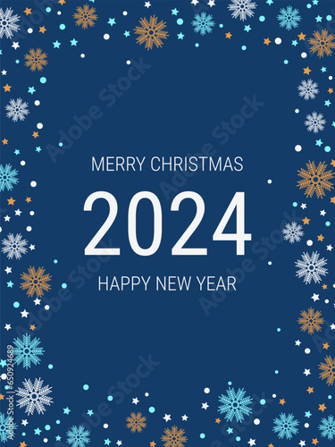 Christmas and New Year 2024 luxury vector background with stars and snowflakes. Design for banner  flyer  invitation card  coupon  voucher