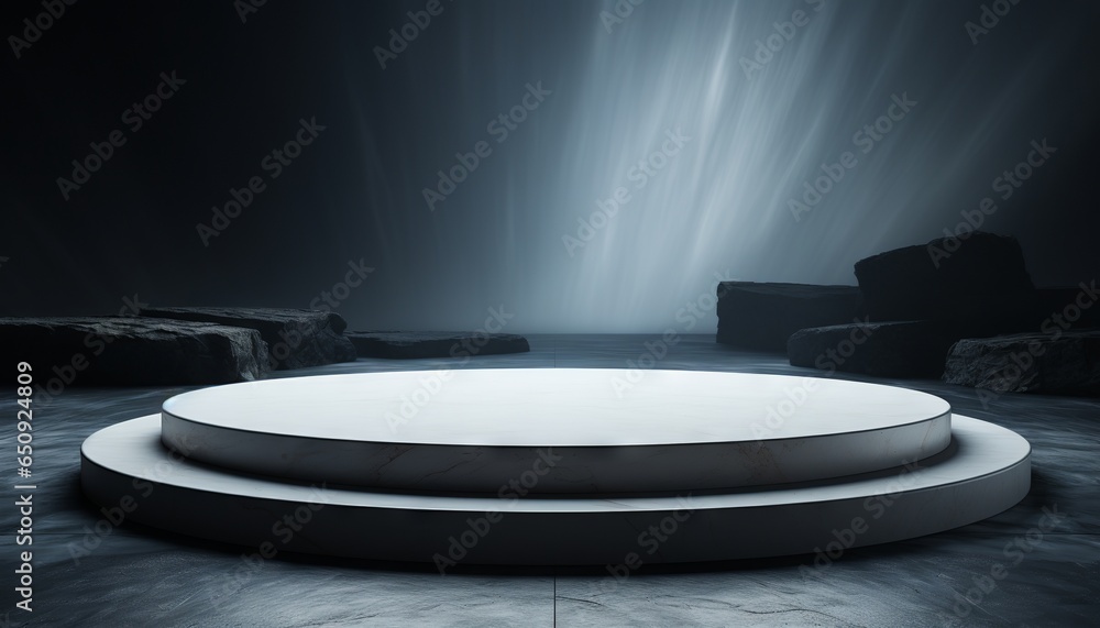 Minimalist white steps ascending on a circular marble platform in a black void Minimalist white steps ascending on a circular marble platform in a black void