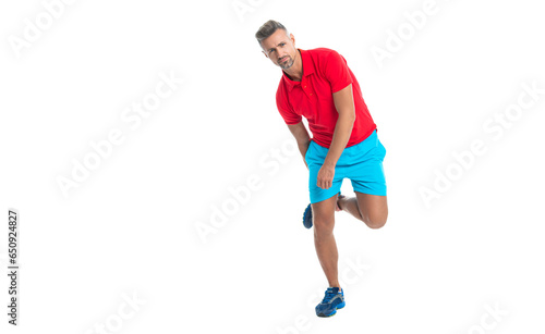 man athlete in pain of a sports injury, copy space. Man has got sport injury. man runner holds his leg after muscle injury during sport race. soccer player man hold leg in pain after sport injury © be free