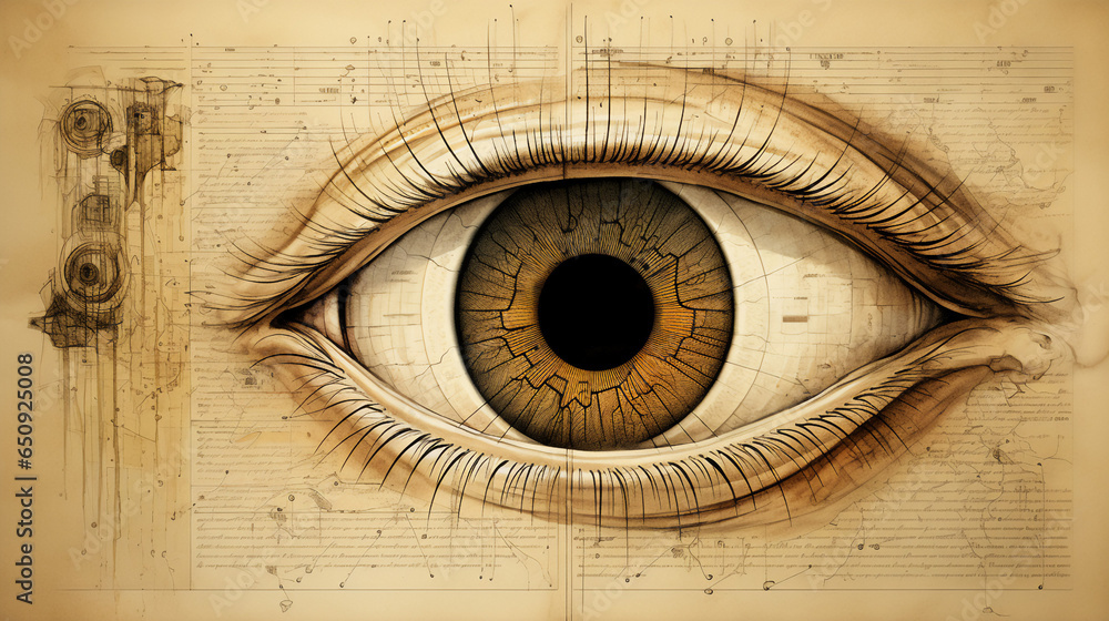 A drawing of an eye with lashes, iris, sclera and pupil on an old yellowish paper of an anatomical medical study by an oculist. A representation of vision, curiosity and wisdom on a magic scroll. - obrazy, fototapety, plakaty 