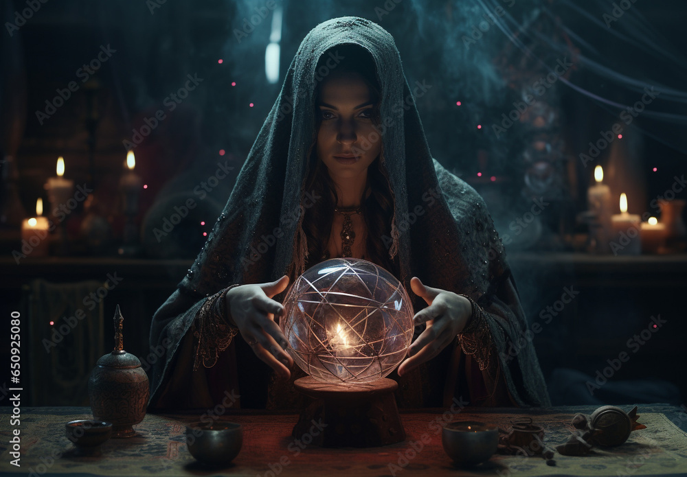 A mysterious medieval witch in a robe facing the camera in her dark consultation room with candles, reading the future in a magical crystal ball with objects around for spells and enchantments - obrazy, fototapety, plakaty 