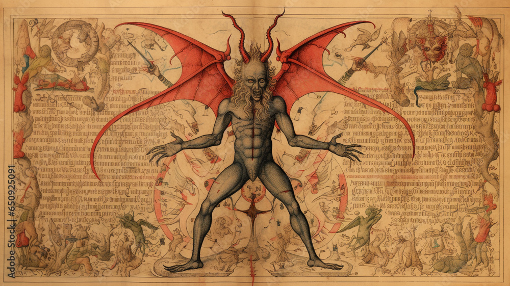 An Old Drawing Of The Devil With Horns And Red Wings In A Medieval Book 
