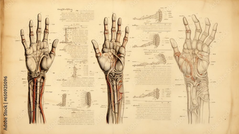 Anatomical studies of different hands with muscles, bones, and veins, hand-drawn on an old paper from a codex. Ancient meticulous sketches on biology and criminology - obrazy, fototapety, plakaty 