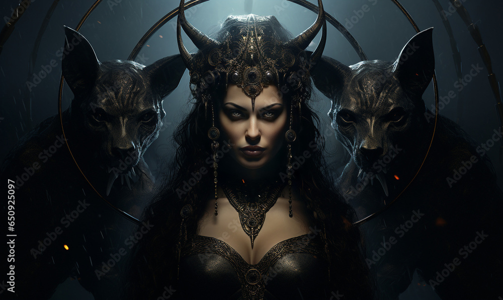 The dark female goddess Hecate with jewels, symbols and ornaments, and two diabolical dogs in the background. Magical and demonic cults for mythologies and forbidden beliefs. Cinematic scene for Wicca - obrazy, fototapety, plakaty 