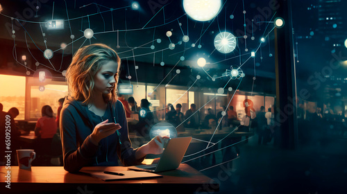 A young girl with a laptop connected to a social network with nodes in a cafe. A representation of modern technology with artificial intelligence for multitasking as a digital nomad.  photo