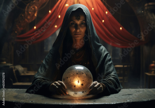 Gypsy fortune-teller with a crystal ball to guess the future, inside a fair or circus tent. Mystical show of a witch or sorceress with a gift for futurism. Cinematic scene photo