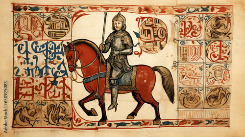 A medieval knight in armor rides a horse, symbolizing chivalry books, illustrated on old codex paper with ornaments. Vintage decoration for a faity tale or a book of ancient history about crusaders photo