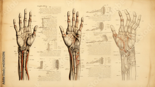 Anatomical studies of different hands with muscles, bones, and veins, hand-drawn on an old paper from a codex. Ancient meticulous sketches on biology and criminology photo