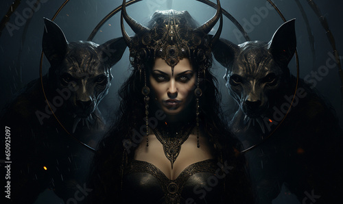 The dark female goddess Hecate with jewels, symbols and ornaments, and two diabolical dogs in the background. Magical and demonic cults for mythologies and forbidden beliefs. Cinematic scene for Wicca photo