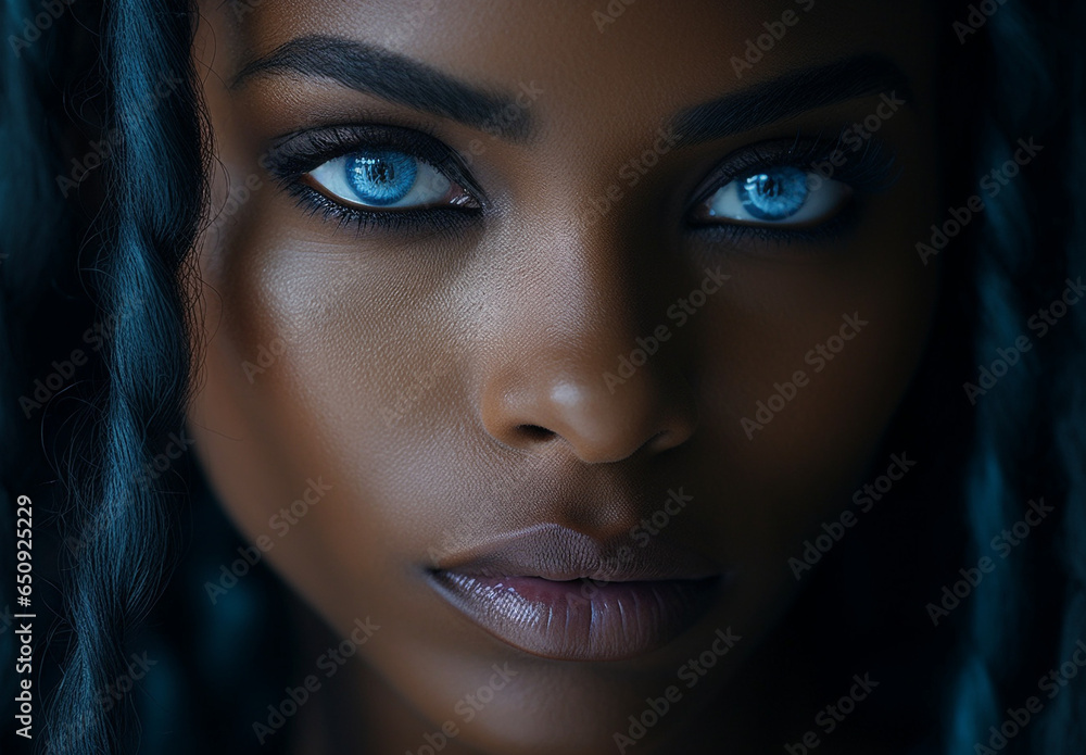 A close-up and detailed face of an exotic black African woman with bright blue eyes, attractive and seductive gaze and plump lips, with wavy black hair and a dark background. - obrazy, fototapety, plakaty 