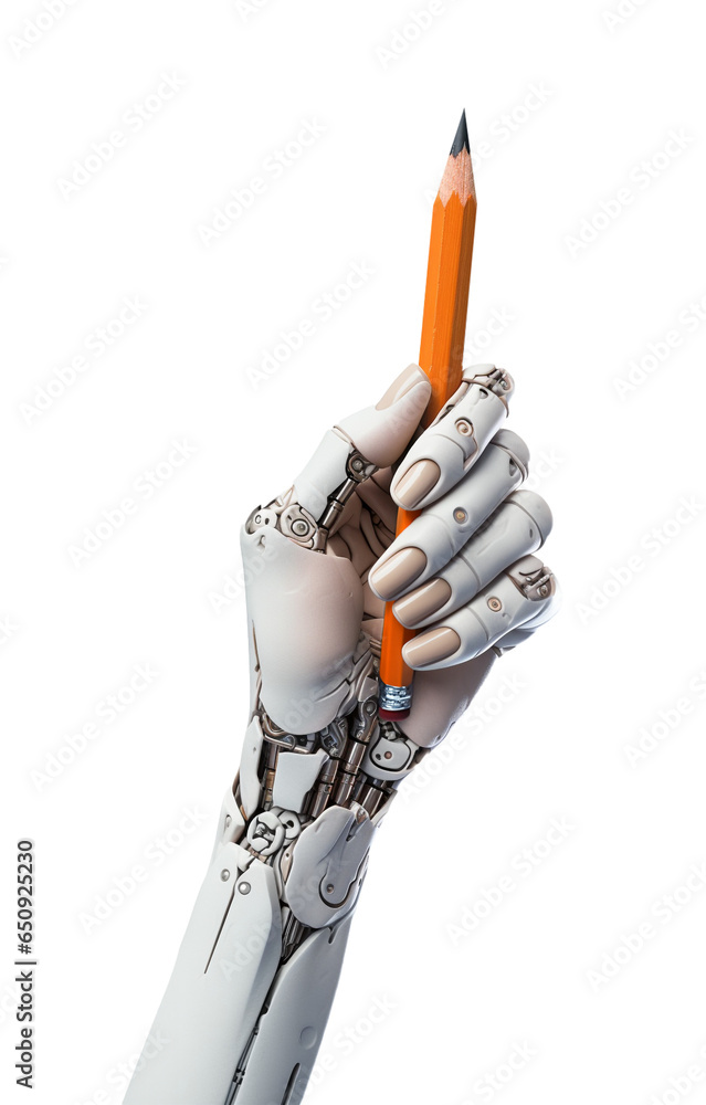 A robotic hand of a female cyborg with white casing holding a graphite ...