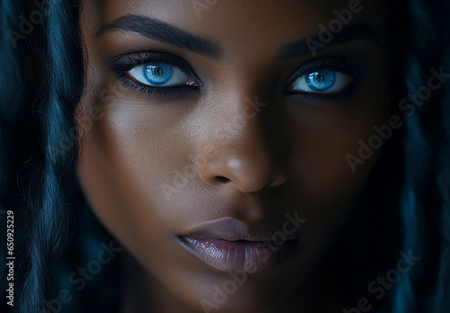 A close-up and detailed face of an exotic black African woman with bright blue eyes, attractive and seductive gaze and plump lips, with wavy black hair and a dark background.