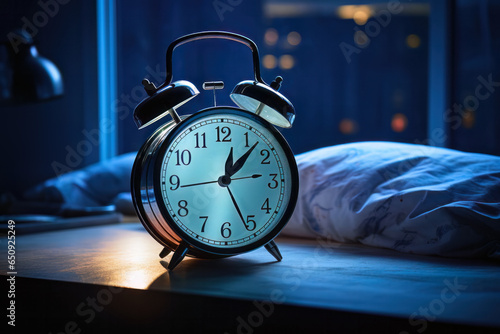 alarm clock, 5 past 12, midnight blue, at bed, get up, work, night shift, bedtime, tired, not sleeping through, sleep disorders, generative ai