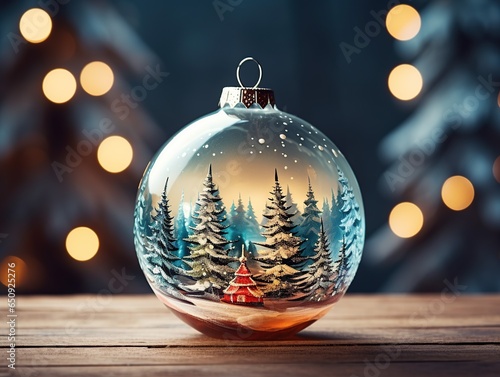 Christmas glass ball with tree in it on winter background  Christmas background  Generative Ai