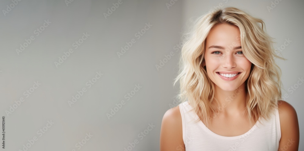 Naklejka premium Beautiful smiling young blonde caucasian woman, isolated on neutral background. Close up portrait of face. Generative AI. 