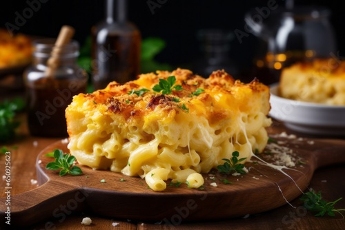 Appetizing mac and cheese. Traditional American cuisine. Popular authentic dishes. Background with selective focus