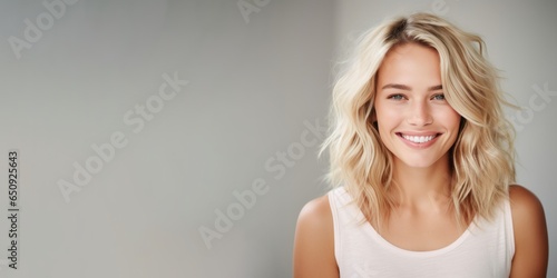 Fototapeta Beautiful smiling young blonde caucasian woman, isolated on neutral background