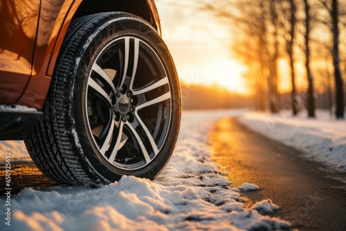 Car wheel in winter on a snowy road. Background with selective focus and copy space