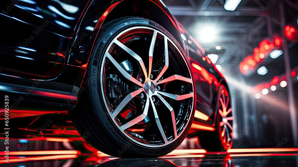 Closeup of beautiful alloy wheels of an expensive supercar. In the sports car sales center - obrazy, fototapety, plakaty 