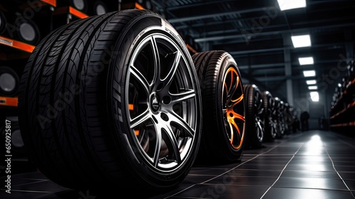 Closeup of beautiful alloy wheels of an expensive supercar. In the sports car sales center