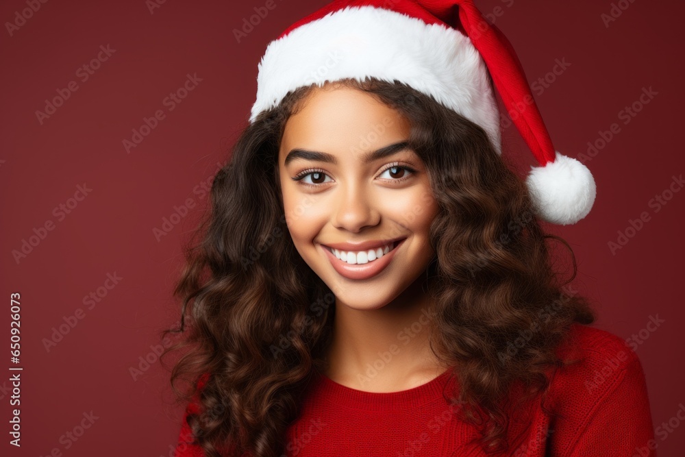 Portrait of a beautiful woman wearing a red Santa hat Portrait of a beautiful woman wearing a red Santa hat