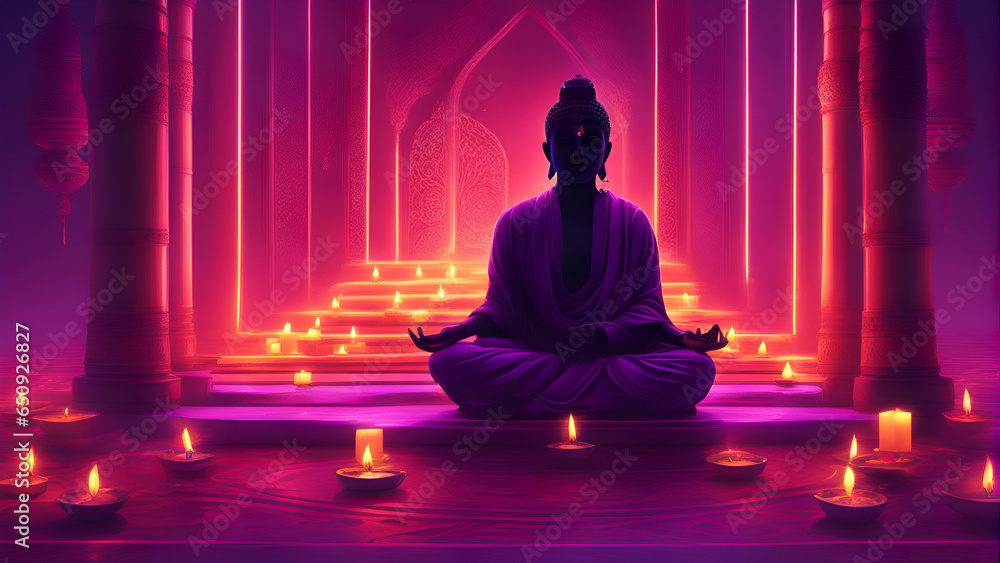 Buddha in lotus position with candles in the background. 