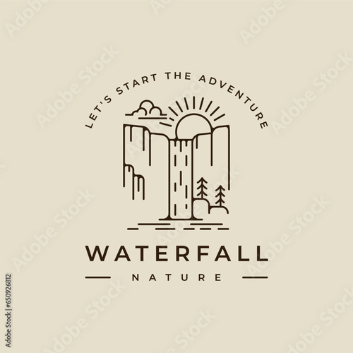 waterfall logo line art vector illustration template icon graphic design. simple minimalist of nature and adventure sign or symbol for environment travel business with typography style