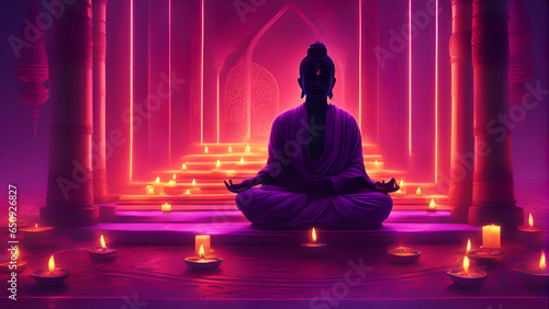 Buddha in lotus position with candles in the background. 