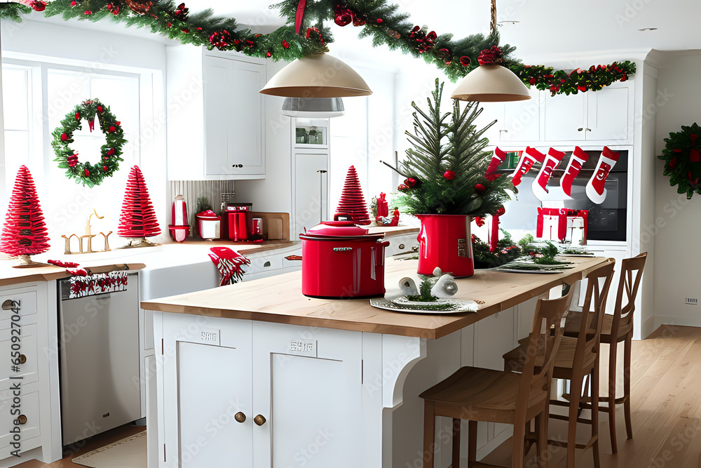 Cozy open plan kitchen decorated for Christmas. Interior design. 3d illustration Cozy open plan kitchen decorated for Christmas. Interior design. 3d illustration