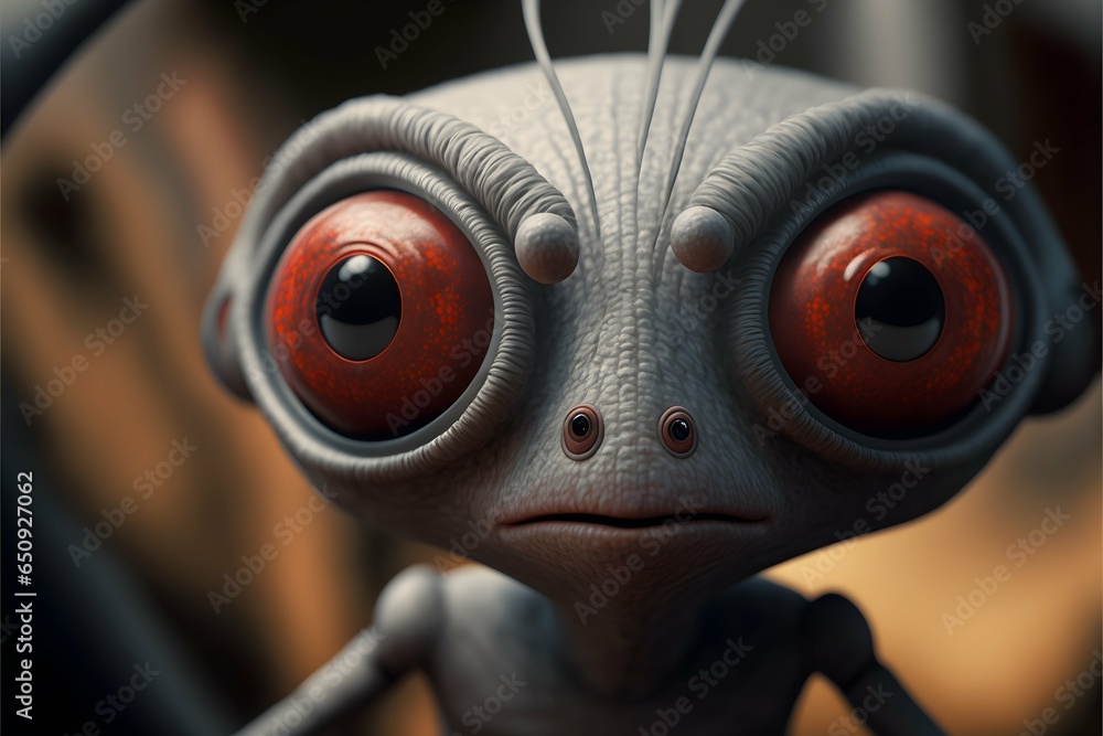 small humanoid with grey metallicskin large red oval eyes slits nostrils mouth small slit spindly body long arms and webbed fingers small slit ears realistic ultrarealistic 4k zoom out 