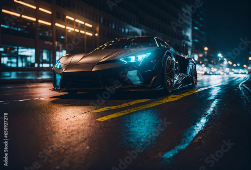 Luxury sport car in a city street at night