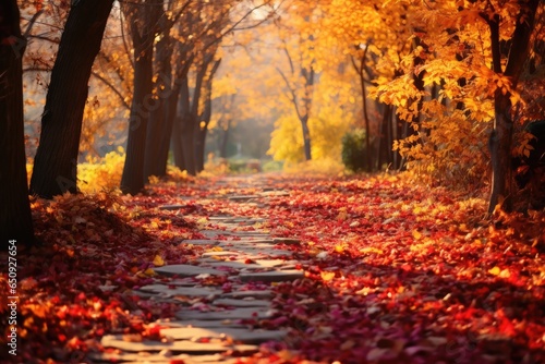 beautiful red and yellow leaves on the path