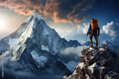 climber against the backdrop of majestic mountain landscapes © PinkiePie