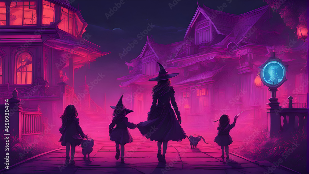 Halloween night scene with witch and children. 3D illustration. 