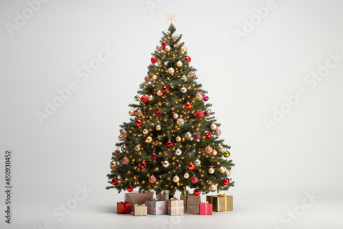 Árbol de navidad decorado con regalos y fondo blanco photo