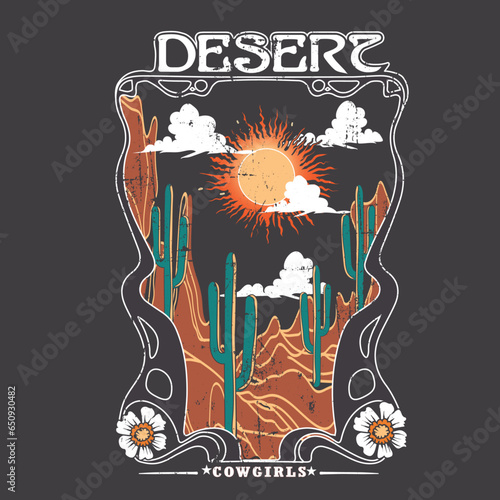 sunshine Desert mountain in cowgirls with cactus flowers, Retro Cowgirl boots and hat. Colorful retro shooting stars. T-shirt or poster design of wild side. illustration of Cowgirl boot with western 