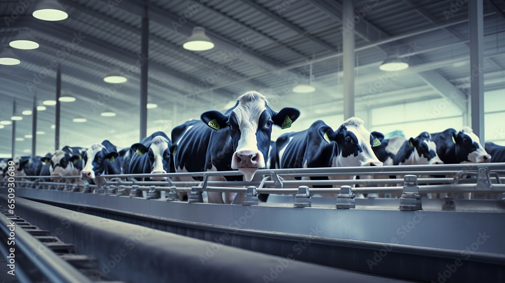 Cows in a mass-production factory: Dairy industry - obrazy, fototapety, plakaty 
